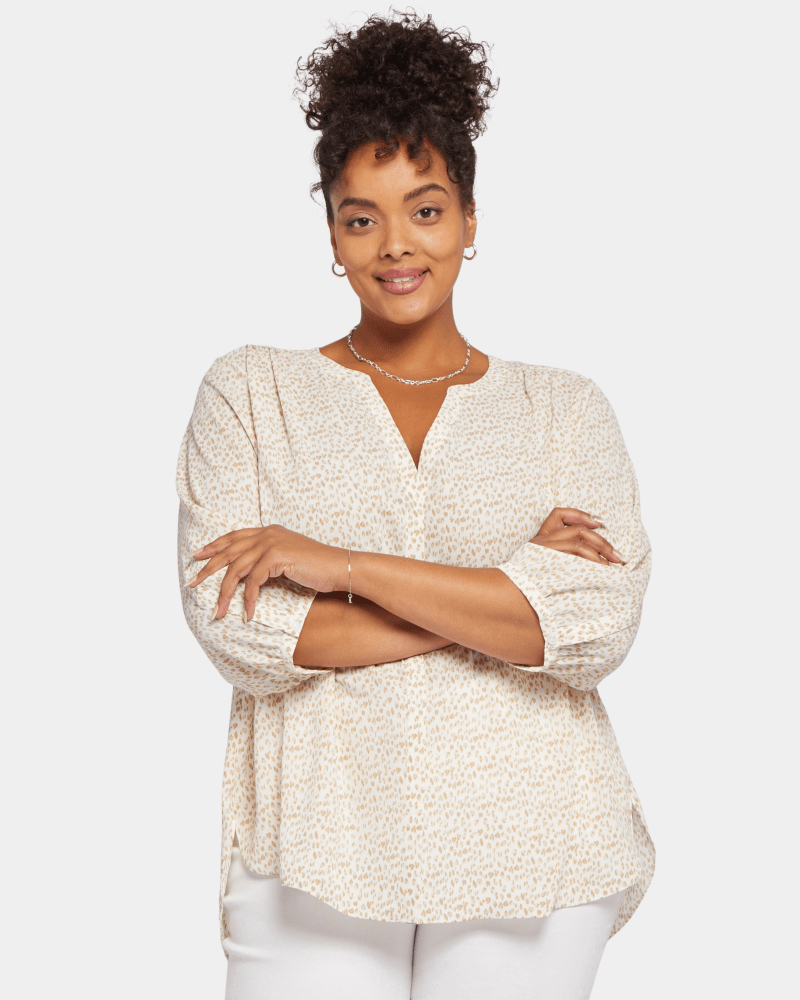 Front of a model wearing a size 0X Pintuck Blouse in Joshua Dots by NYDJ. | dia_product_style_image_id:200896